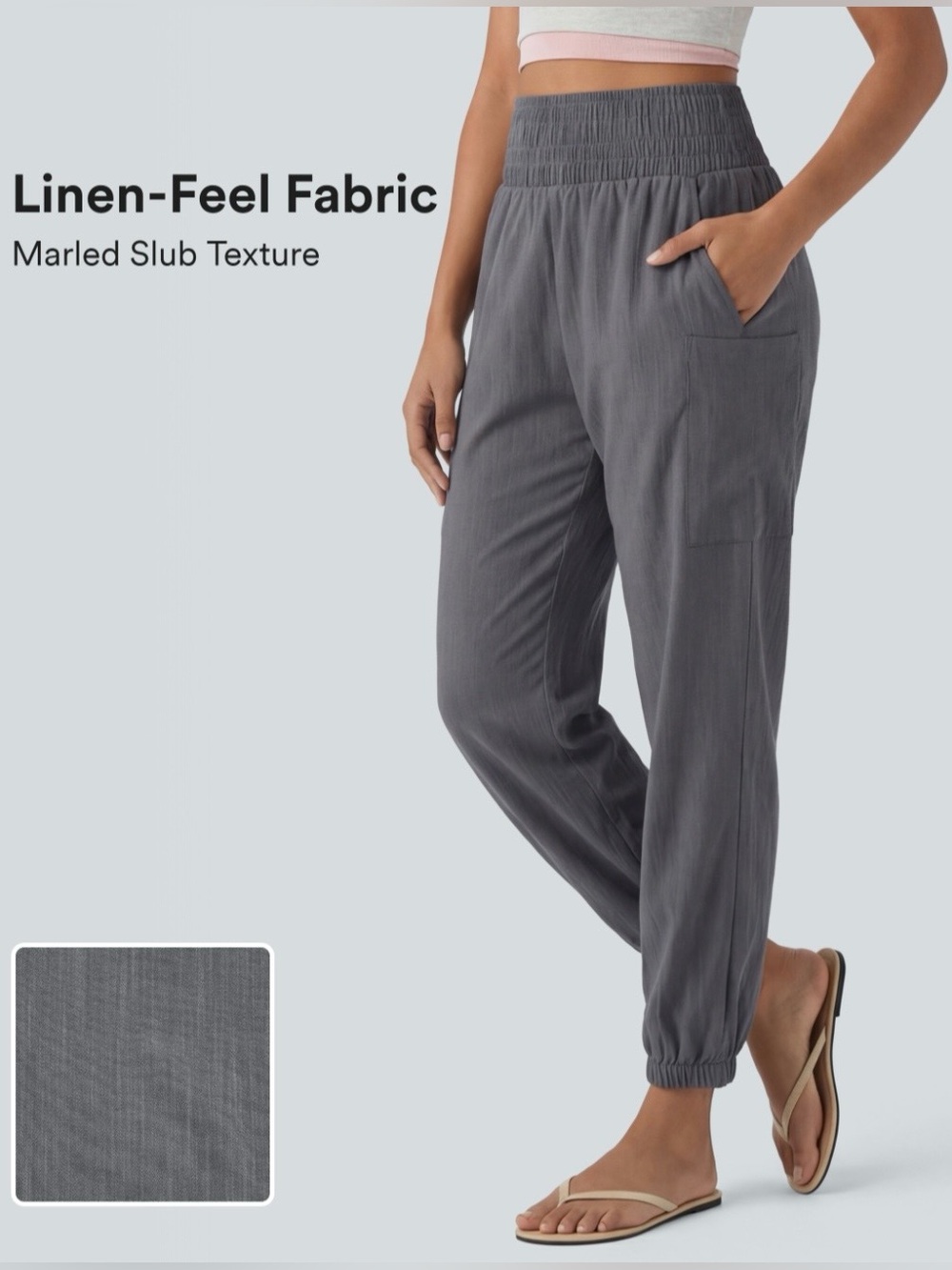 HALARA High Waisted Shirred Tapered Casual Linen Feel Joggers w/Pockets